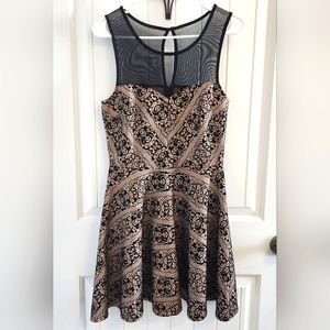 TRIXXI Clothing Company Black Mesh & Tan Velvet Mini Dress Size L